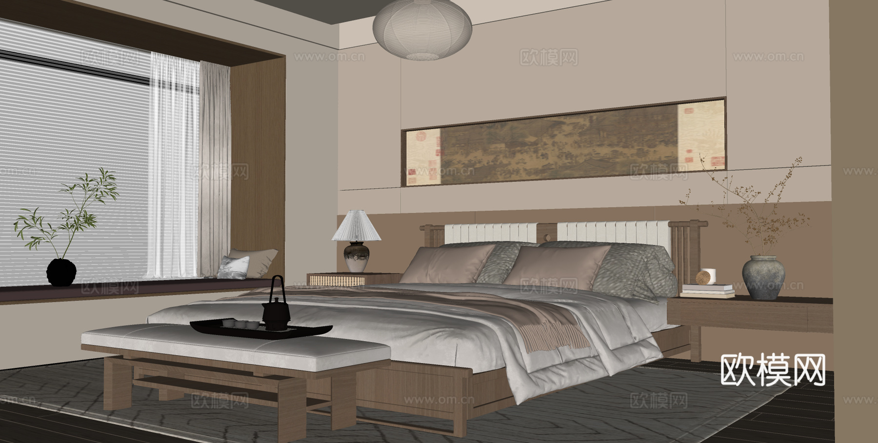 宋式卧室 宋式家居卧室 宋式双人床 床尾塌 卧室饰品摆件su模型