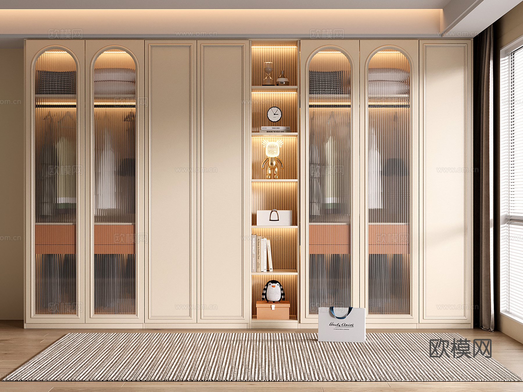 法式奶油风衣柜 定制通顶衣柜 玻璃门衣柜 开放格衣柜su模型