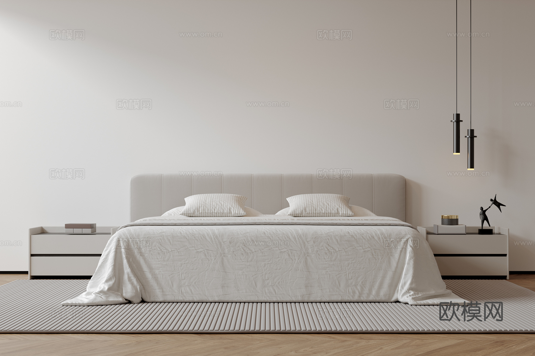 现代意式双人床 皮质床 布艺双人床 中古主卧床 地台床 极简su模型