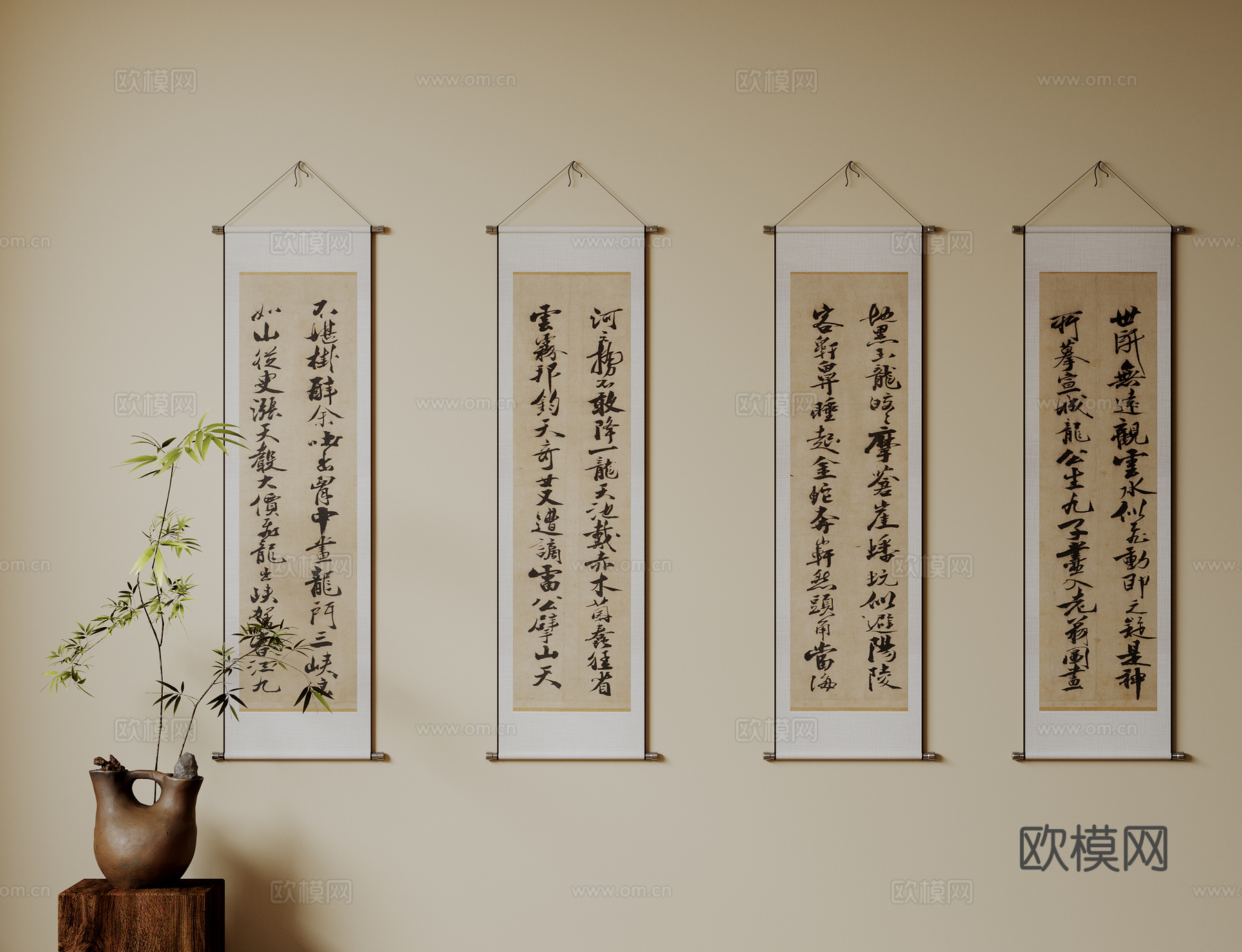 新中式禅意装饰画 宋式挂画 侘寂风挂画 中古风卷轴画 山水字su模型