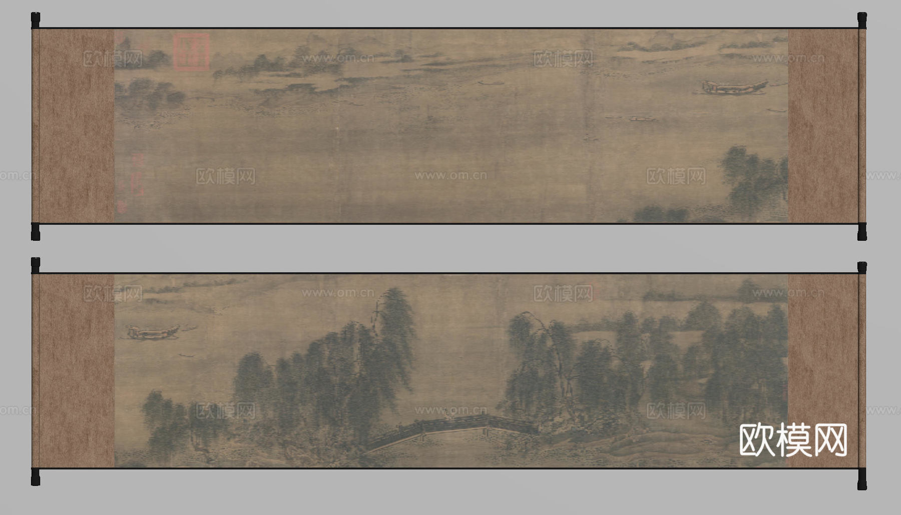 新中式禅意装饰画 宋式挂画 侘寂风挂画 中古风卷轴画 山水字su模型下载（渲染图2）