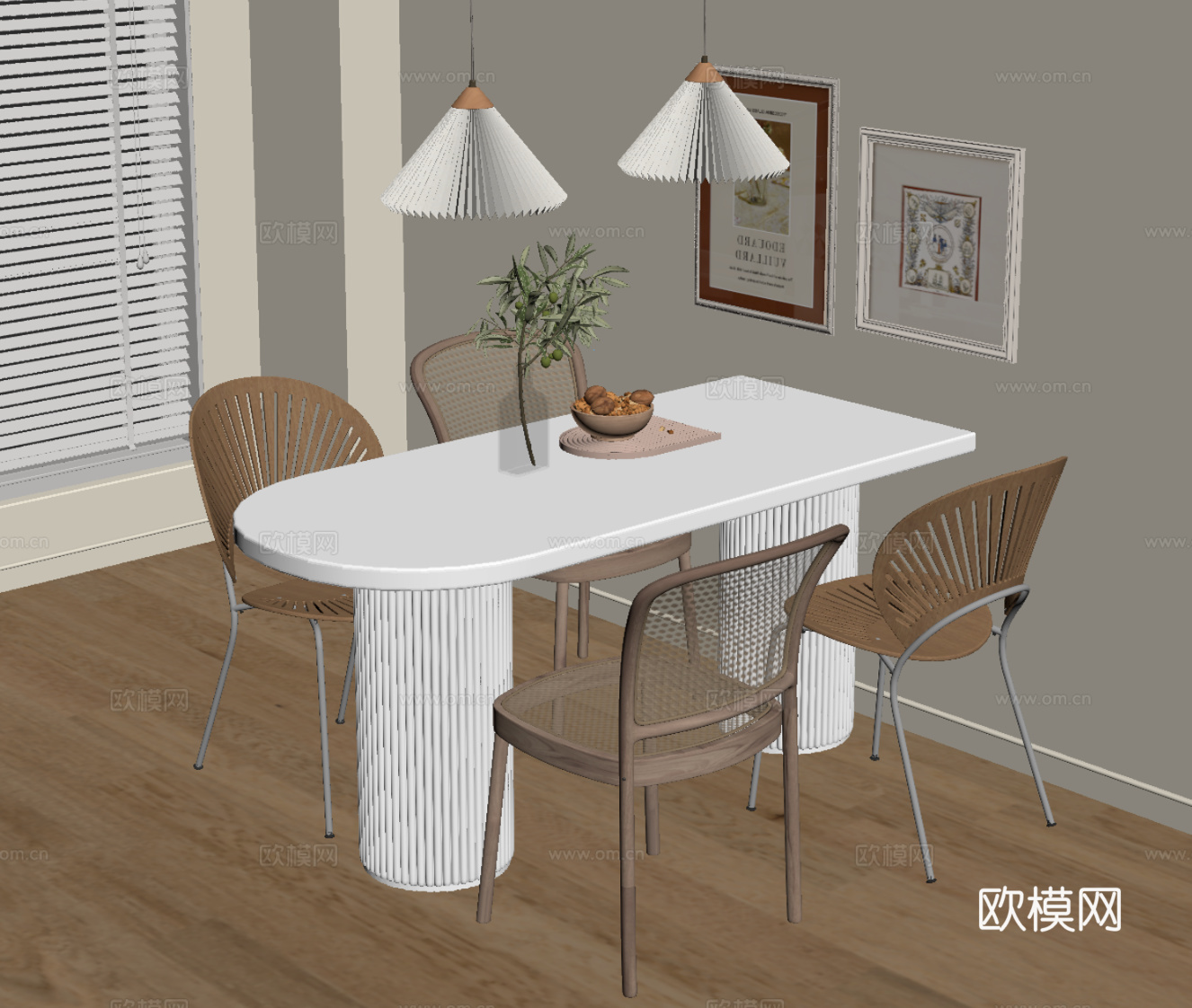 奶油风餐桌椅su模型