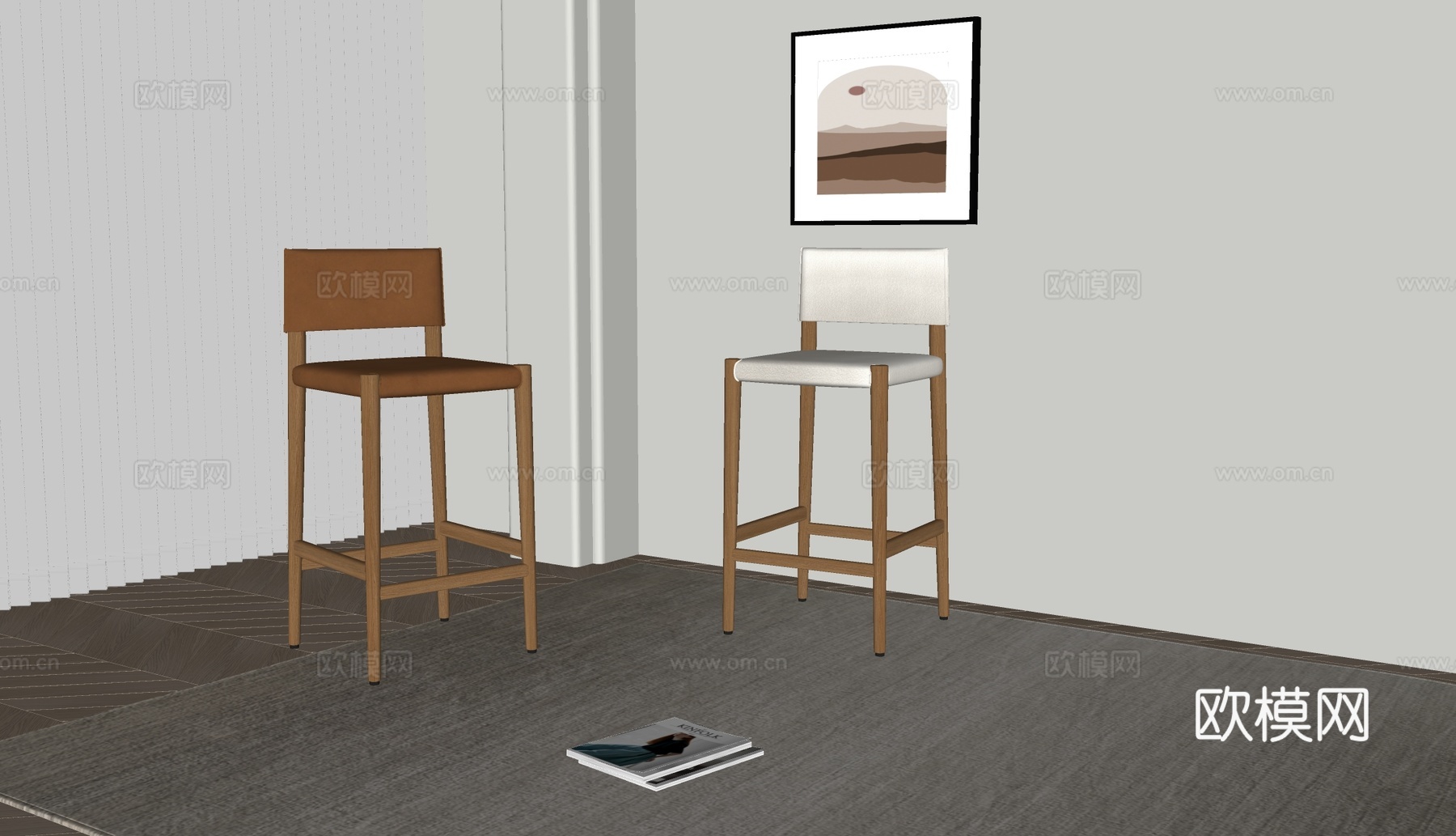 poliform现代吧椅 布艺吧椅 皮革椅 装饰画su模型