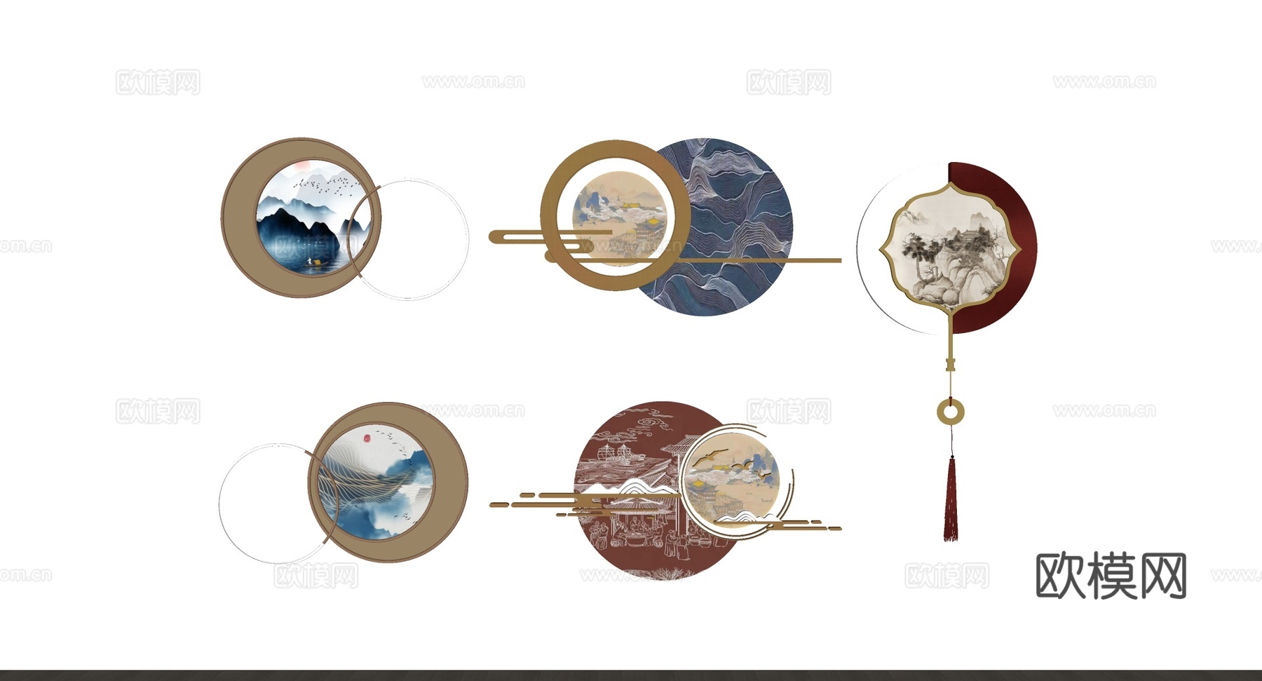 新中式圆形墙面装饰 金属线条亚克力山水画 茶室背景墙墙饰su模型