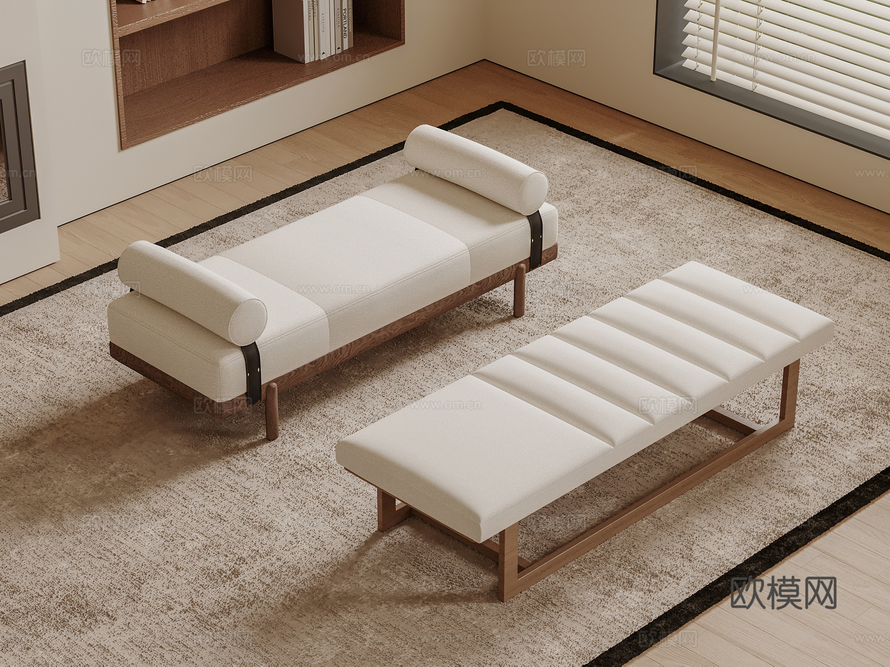 宋式床尾塌 长形沙发 换鞋凳 布艺沙发su模型下载（渲染图1）