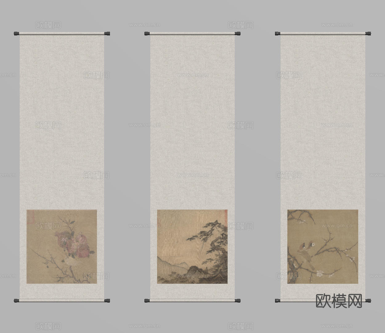 新中式禅意装饰画 宋式挂画 侘寂风挂画 中古风卷轴画 山水字su模型