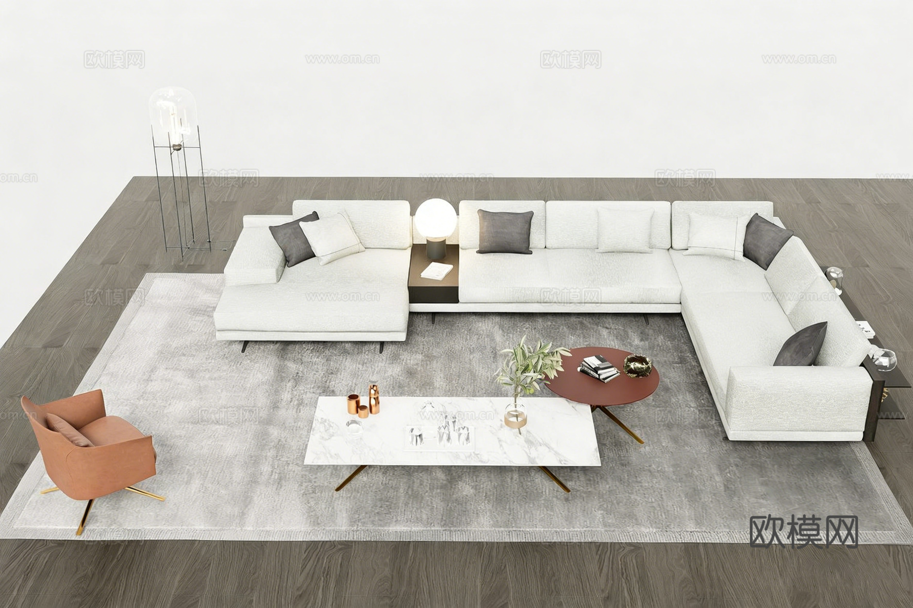 现代简约客厅沙发茶几组合 L型布艺沙发 大理石茶几su模型
