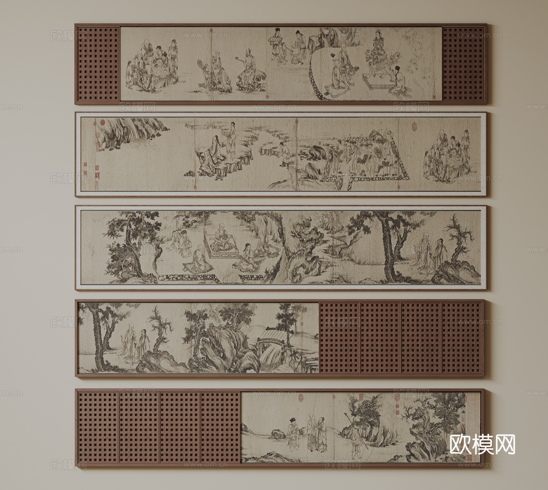 新中式禅意装饰画 宋式挂画 侘寂风挂画 中古风卷轴画 山水字su模型