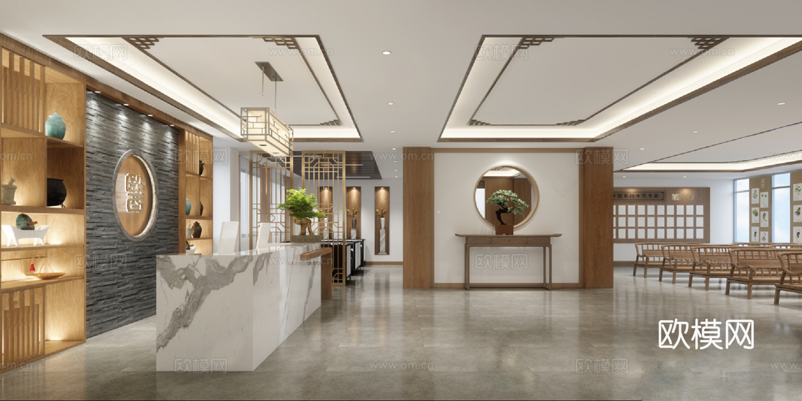 新中式现代中医馆 医院大堂cad施工图下载（渲染图2）