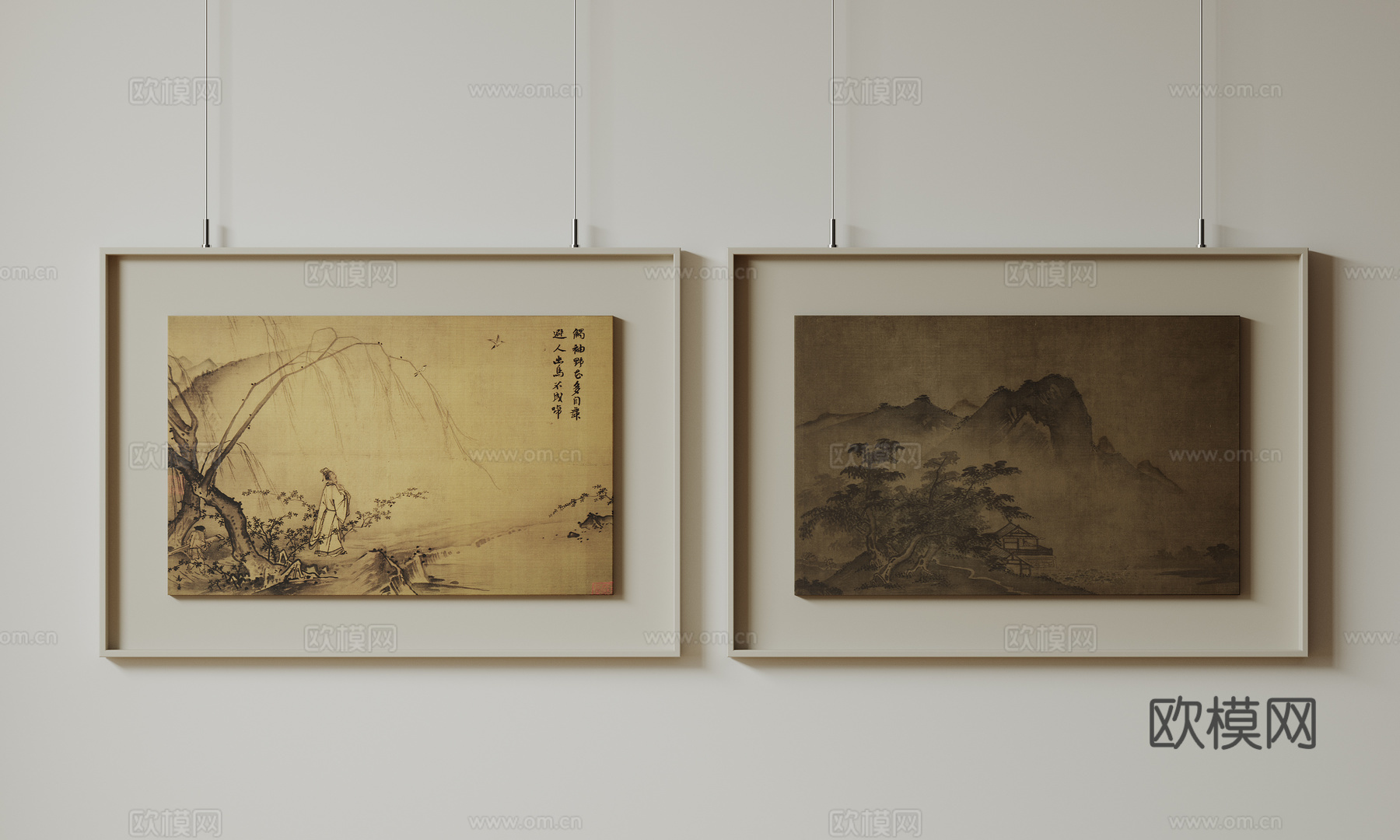 新中式禅意装饰画 宋式挂画 侘寂风挂画 中古风卷轴画 山水字su模型