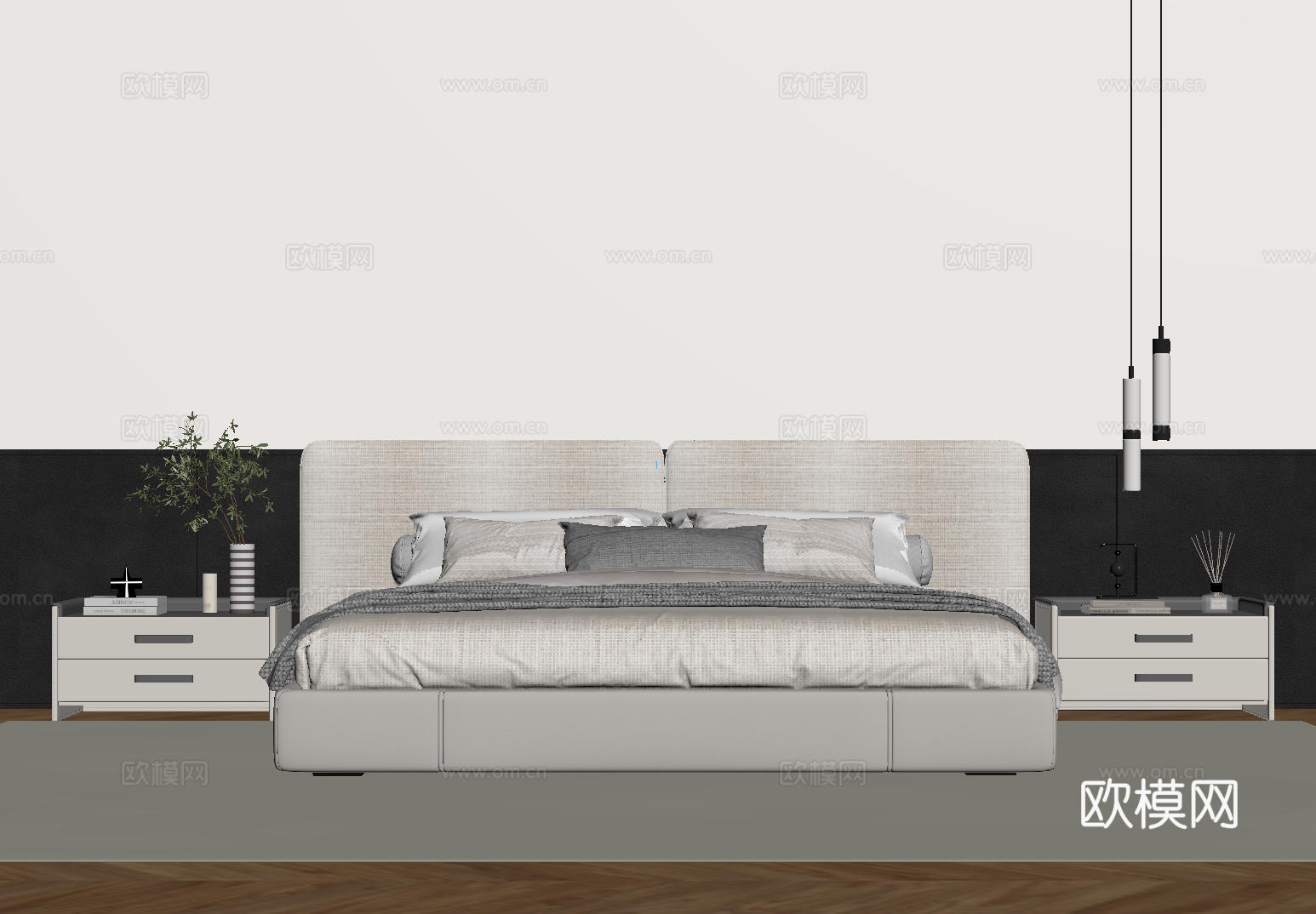 现代意式双人床 皮质床 布艺双人床 中古主卧床 地台床 极简su模型