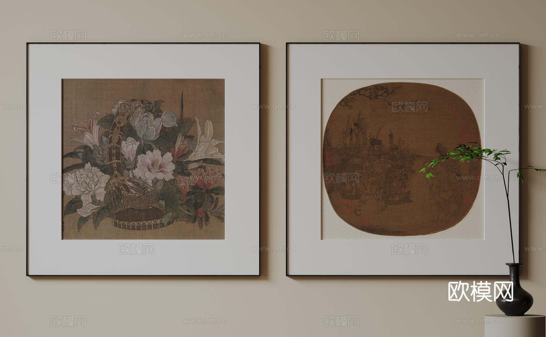 新中式禅意装饰画 宋式挂画 侘寂风挂画 中古风卷轴画 山水字su模型