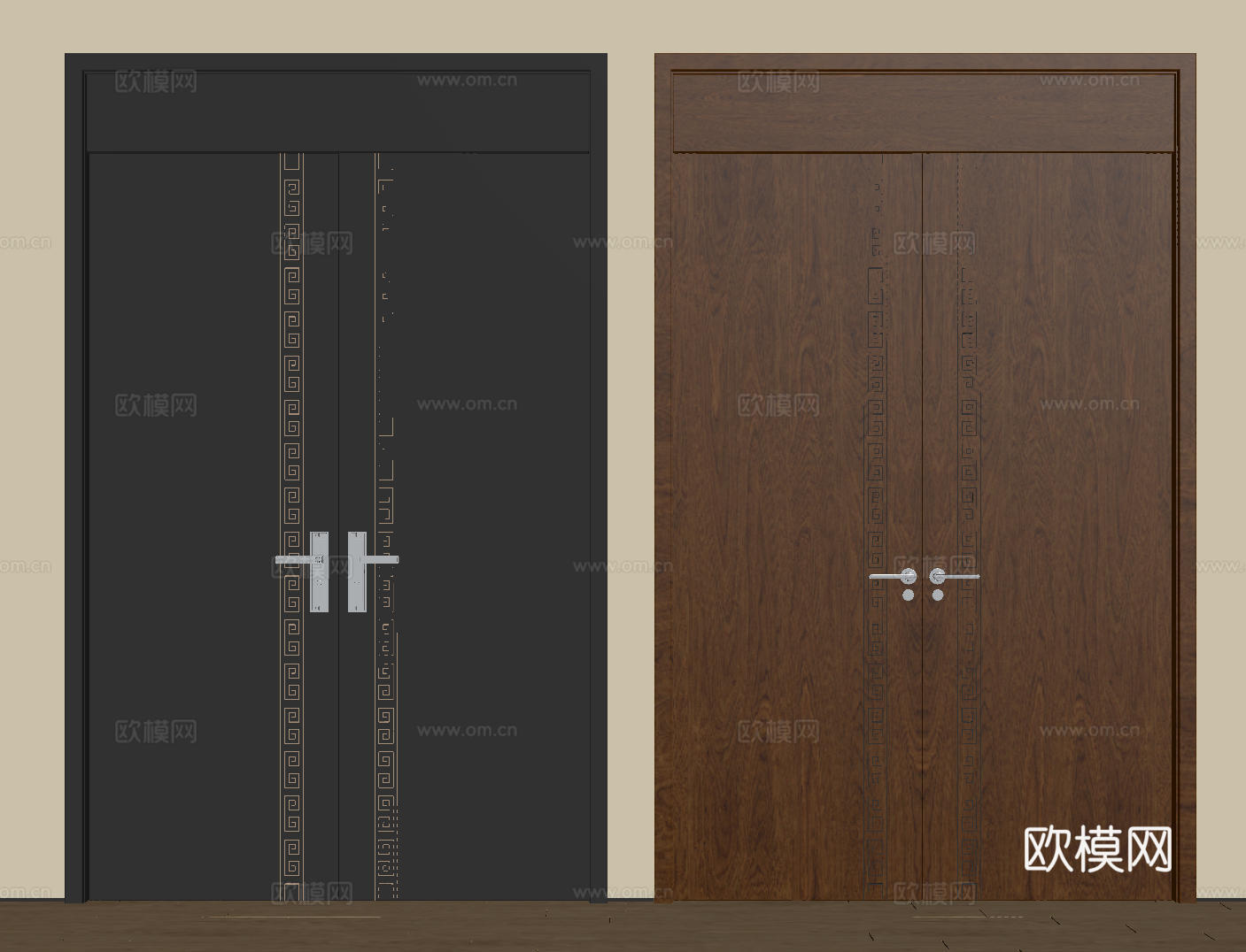 新中式侘寂双开门 中古平开门 入户门 防盗门 通顶对开门 别su模型