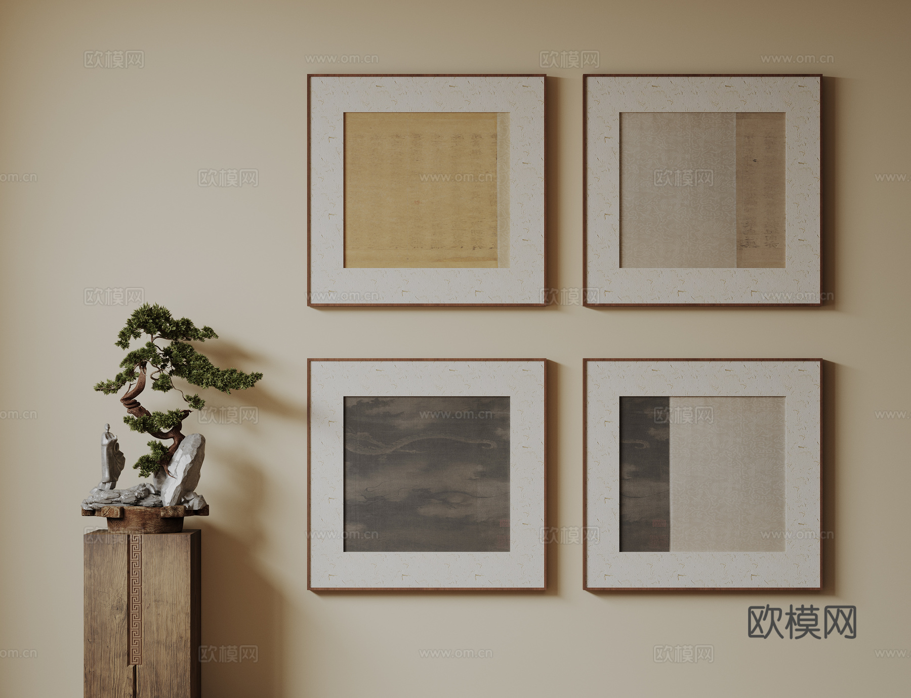 新中式禅意装饰画 宋式挂画 侘寂风挂画 中古风卷轴画 山水字su模型下载（渲染图1）