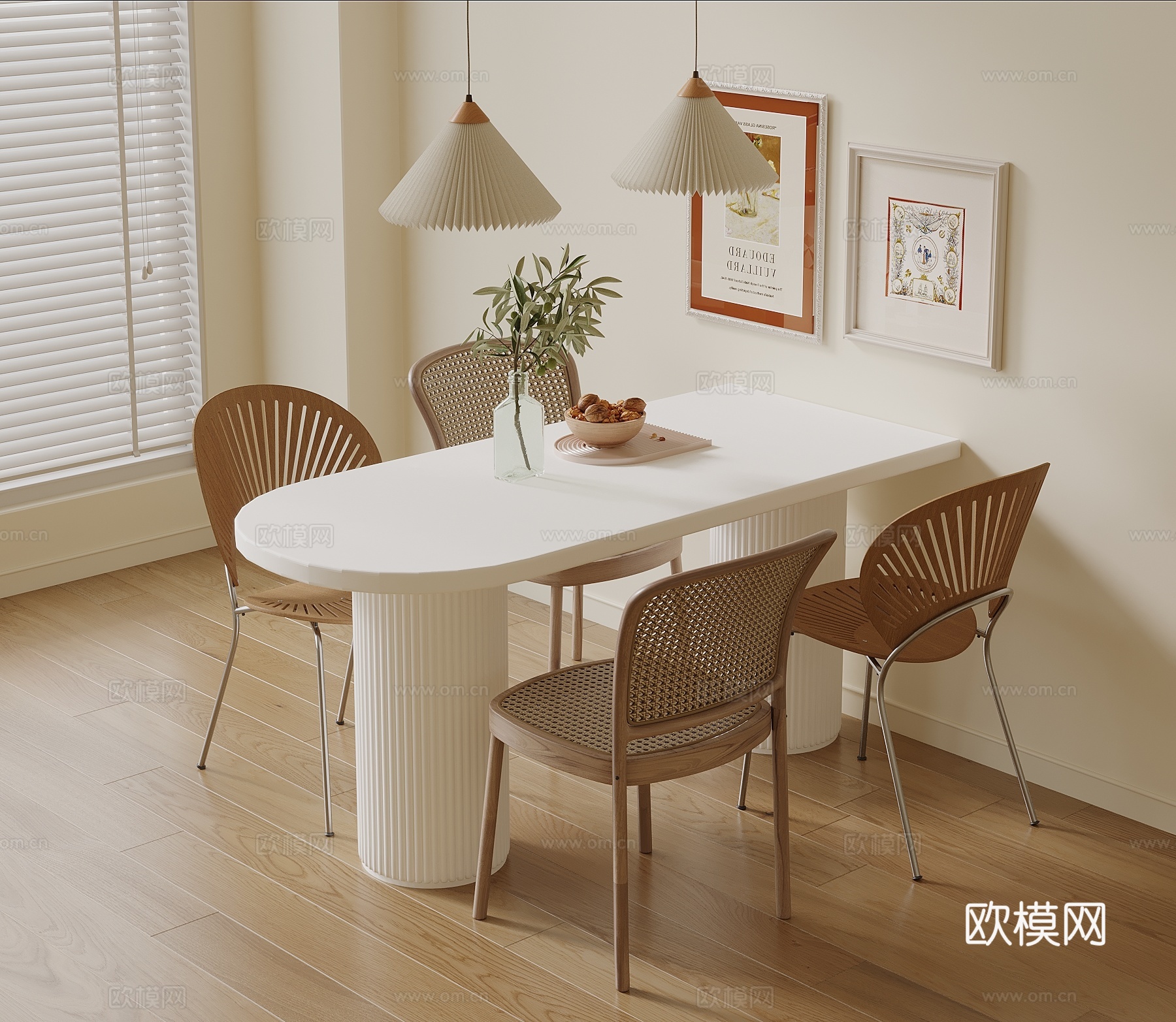 奶油风餐桌椅su模型