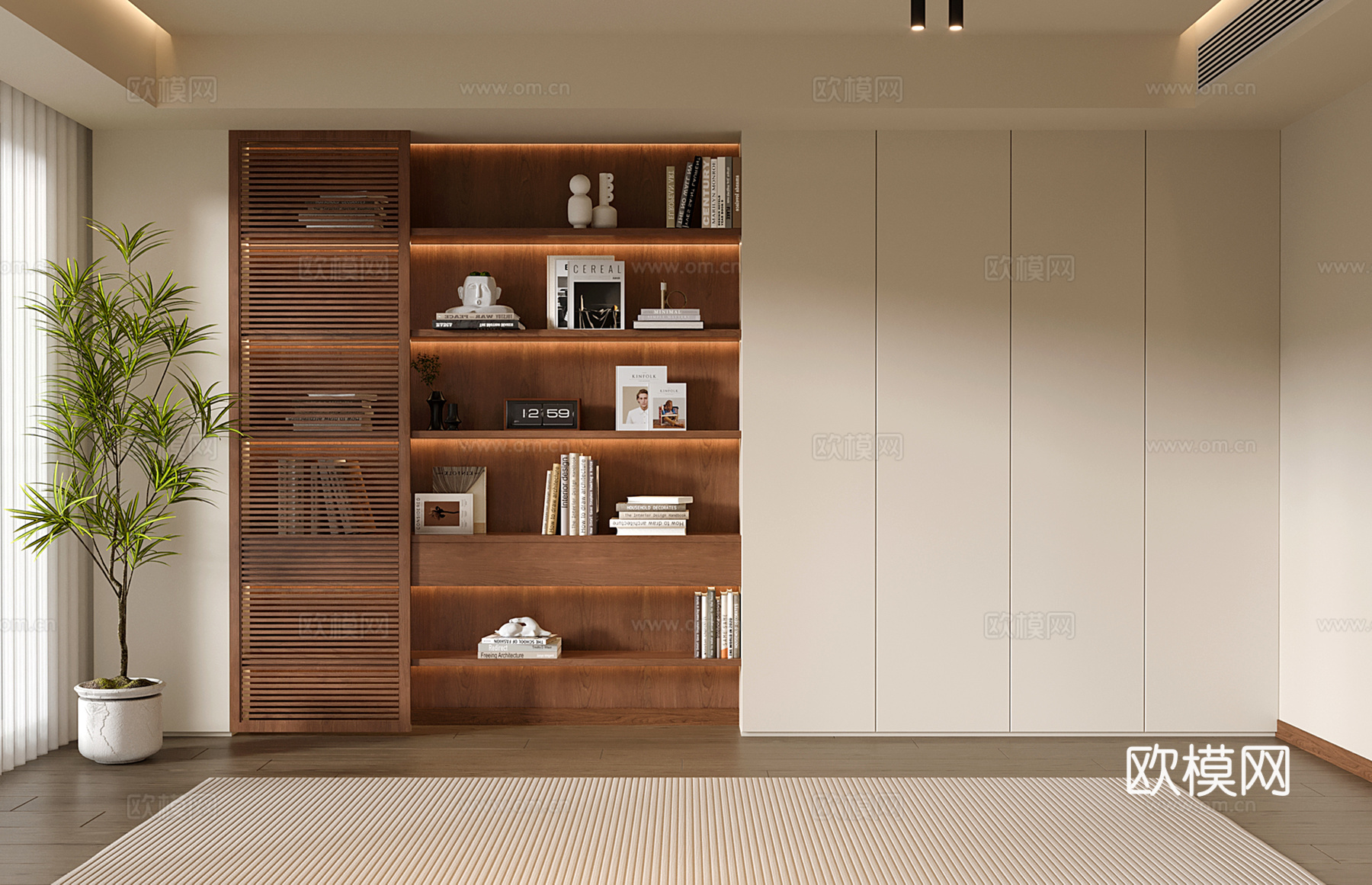现代中古定制书柜 满墙开放书柜su模型下载（渲染图1）