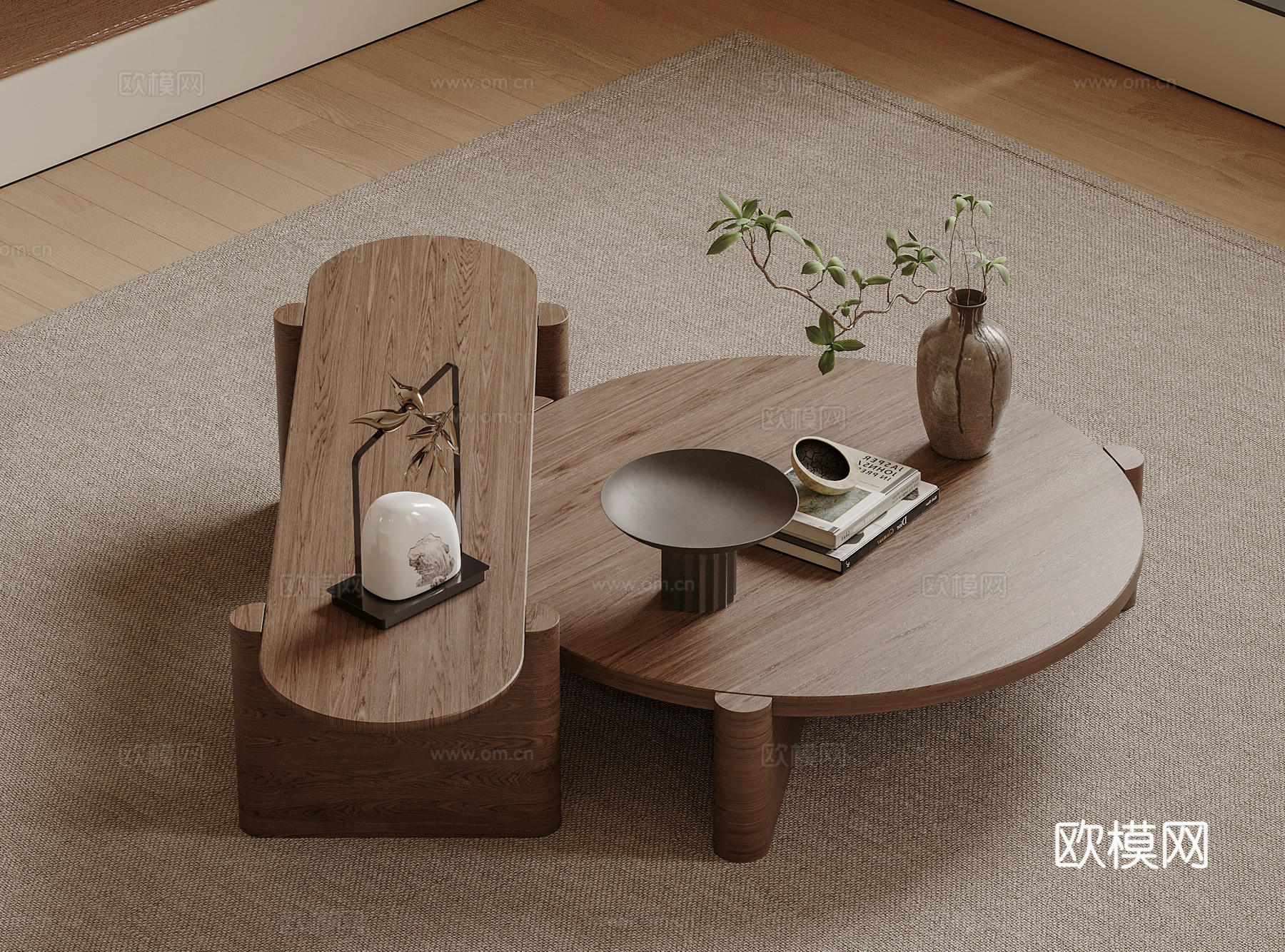 宋式茶几 圆形茶几 木制茶几 绿植摆件su模型