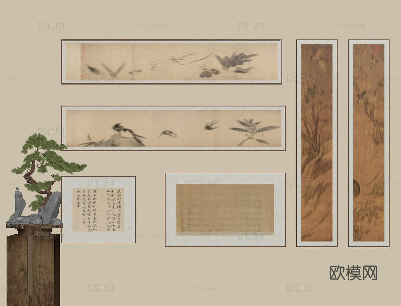 新中式禅意装饰画 宋式挂画 侘寂风挂画 中古风卷轴画 山水字su模型