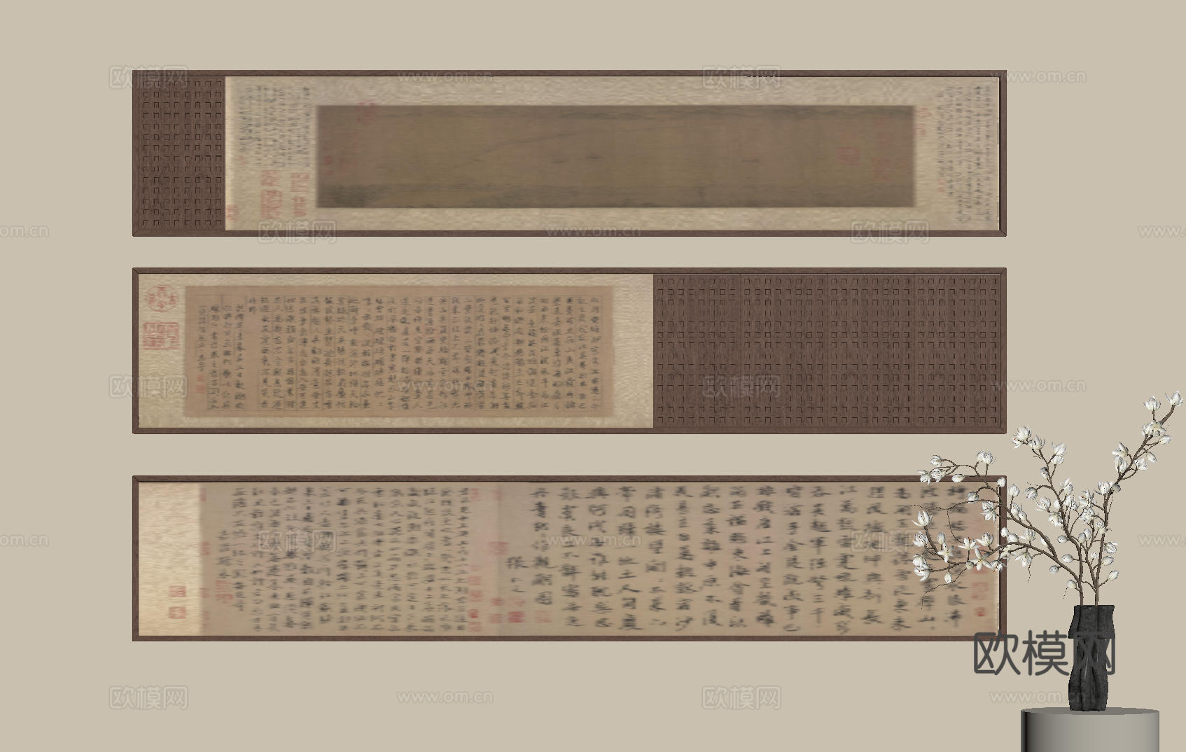 新中式禅意装饰画 宋式挂画 侘寂风挂画 中古风卷轴画 山水字su模型