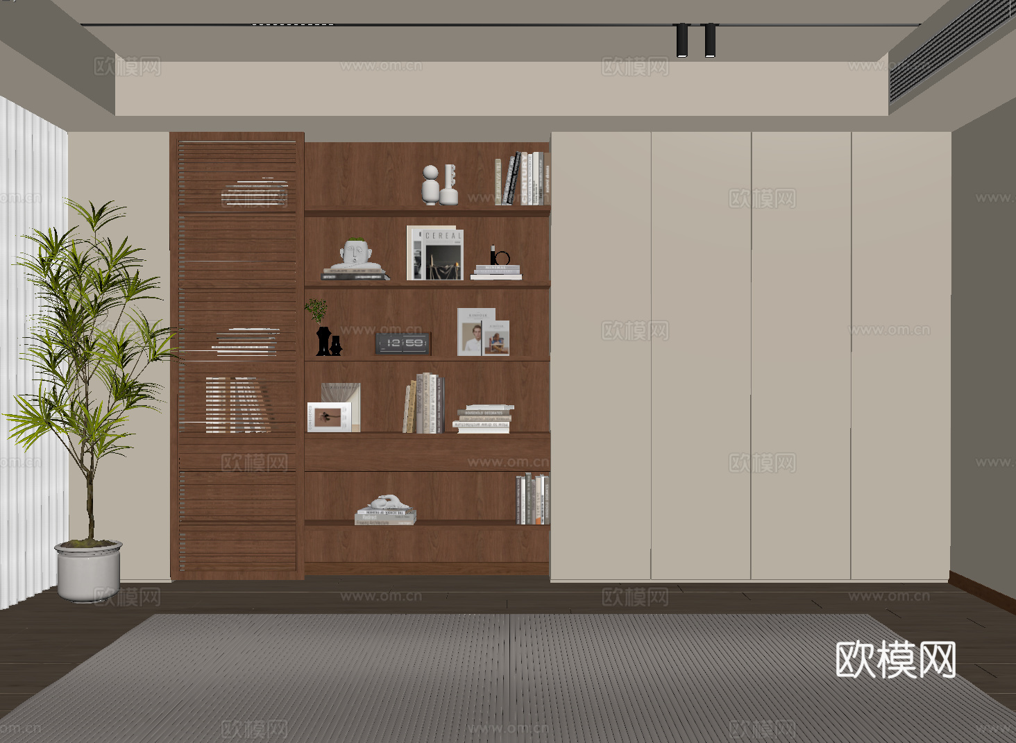 现代中古定制书柜 满墙开放书柜su模型下载（渲染图2）