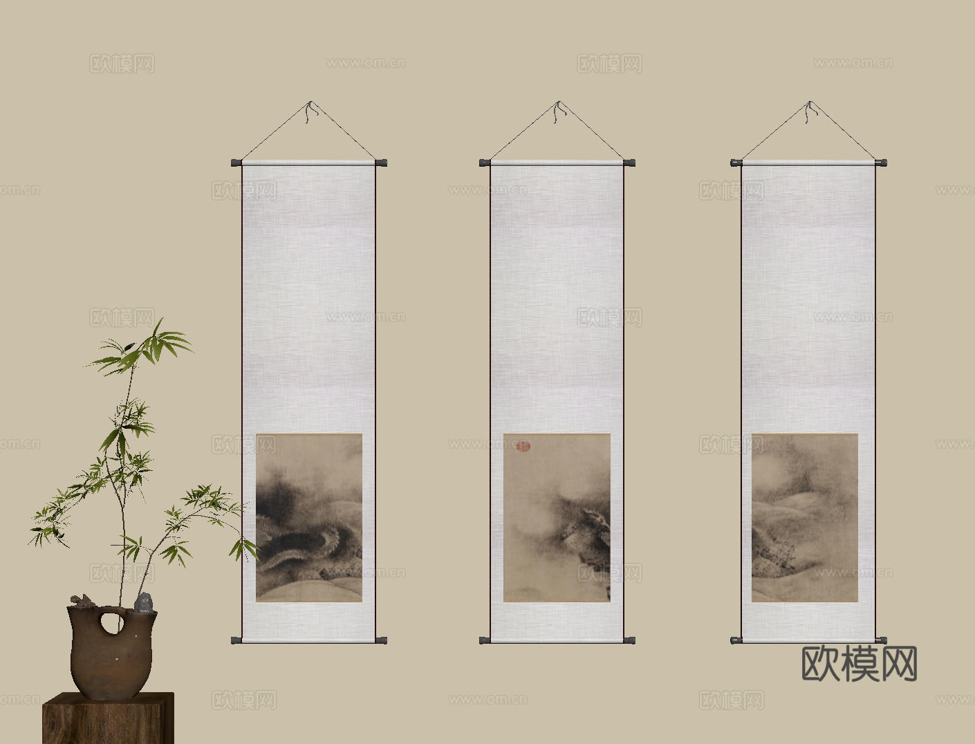 新中式禅意装饰画 宋式挂画 侘寂风挂画 中古风卷轴画 山水字su模型下载（渲染图2）