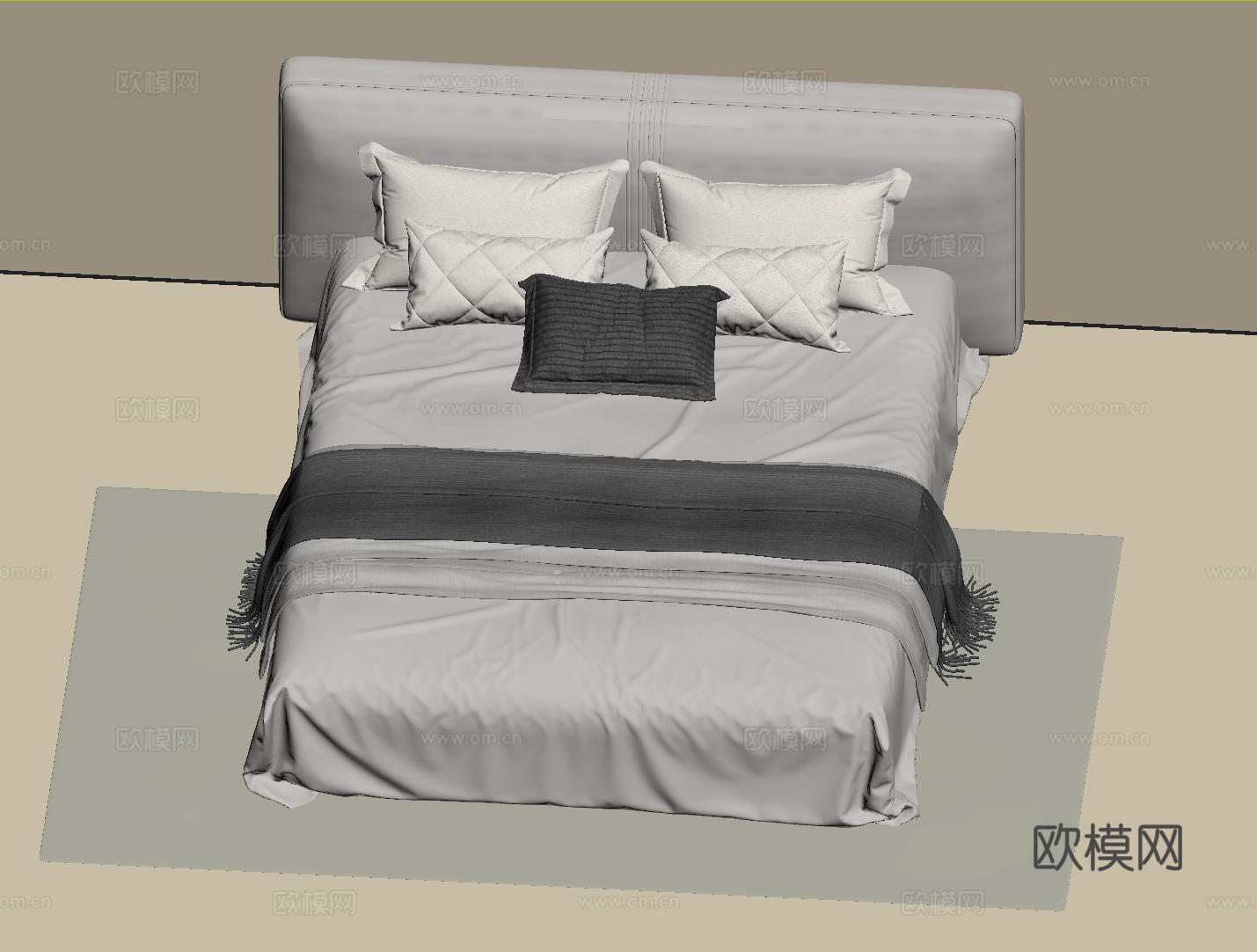 现代意式双人床 皮质床 布艺双人床 中古主卧床 地台床 极简su模型