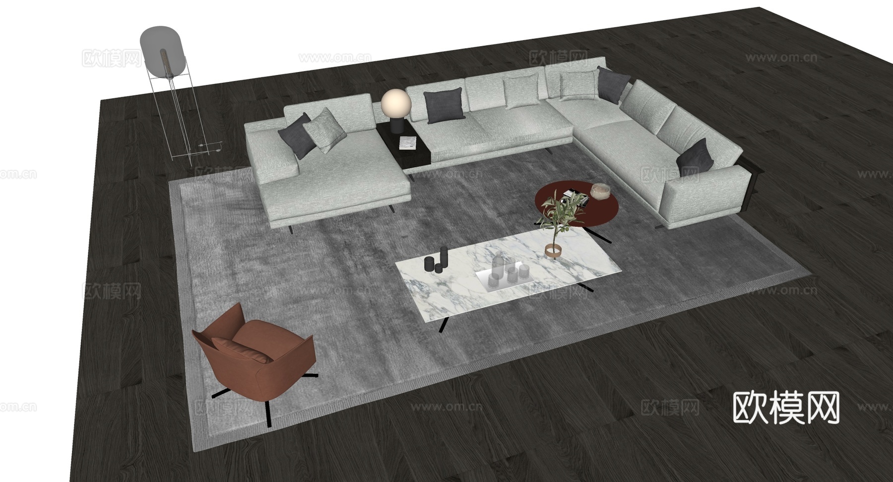现代简约客厅沙发茶几组合 L型布艺沙发 大理石茶几su模型