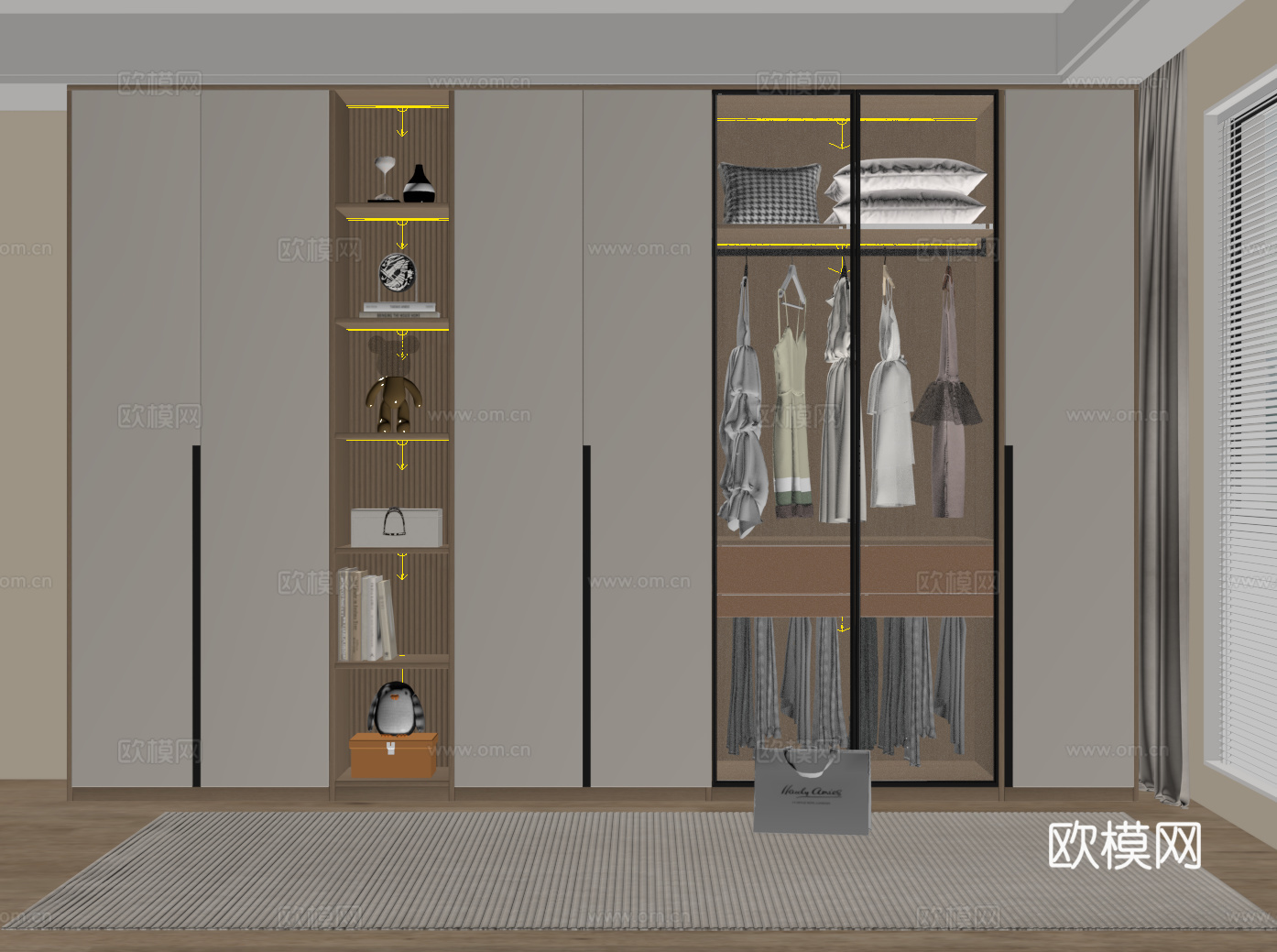 现代衣柜 定制通顶衣柜 玻璃门衣柜 开放格衣柜su模型
