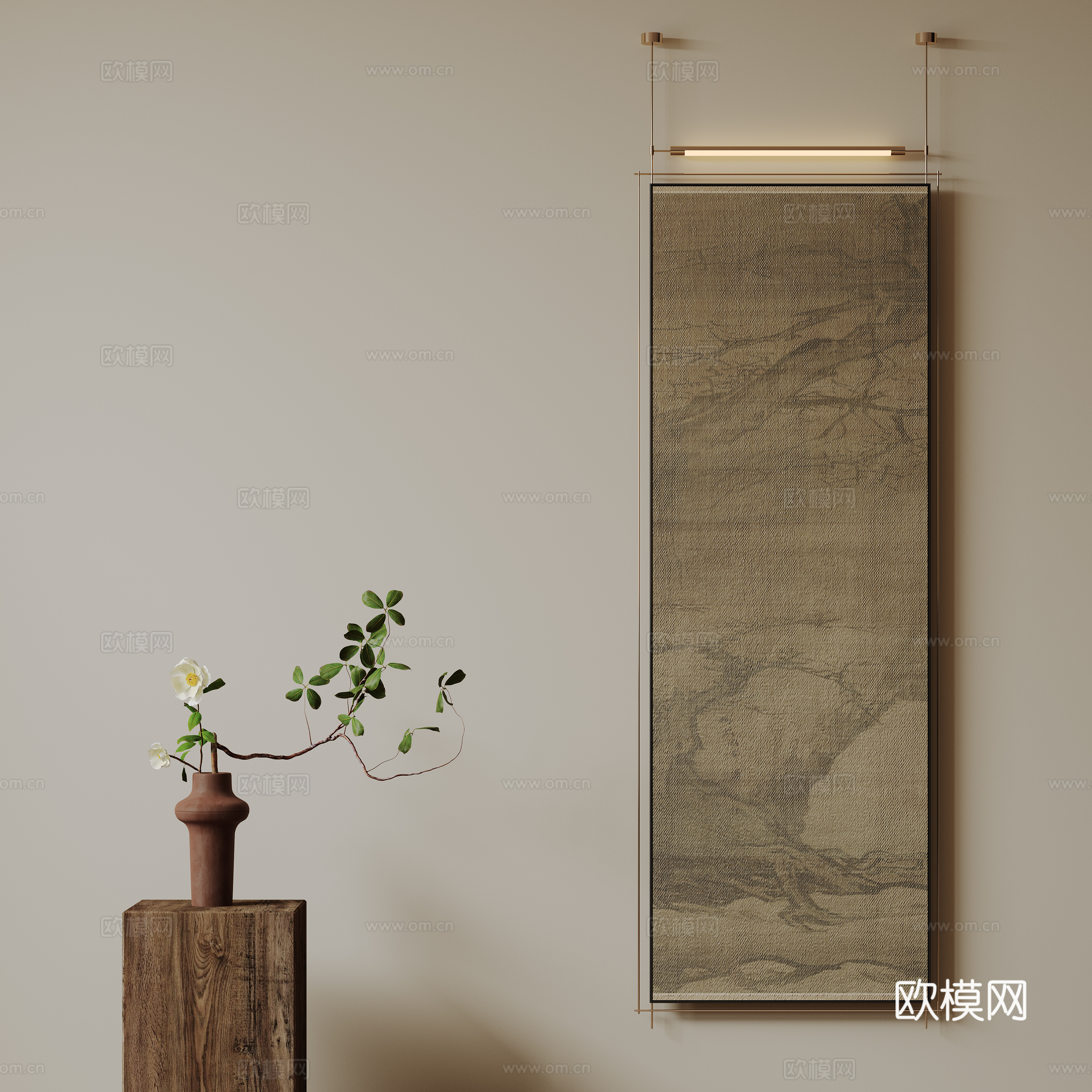 新中式禅意装饰画 宋式挂画 侘寂风挂画 中古风卷轴画 山水字su模型