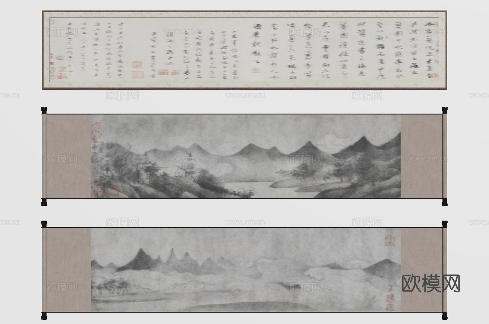 新中式禅意装饰画 宋式挂画 侘寂风挂画 中古风卷轴画 山水字su模型