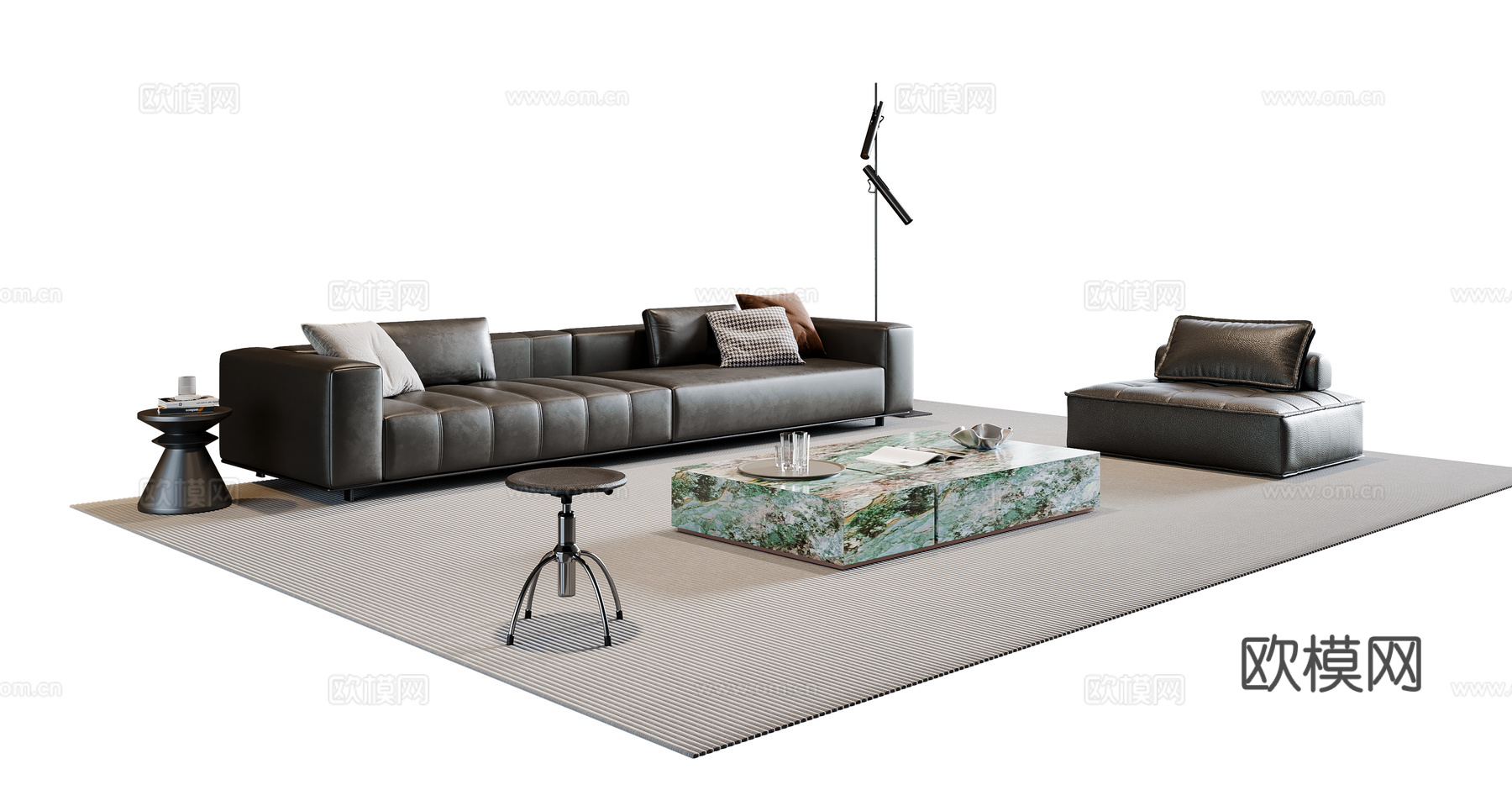 现代意式沙发茶几组合 多人沙发 皮质沙发 休闲椅 地毯su模型