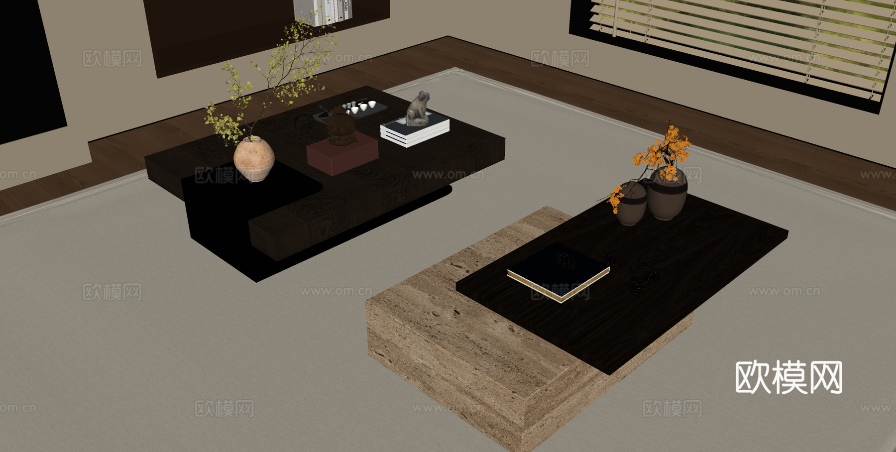 宋式茶几 长形茶几 木制茶几 绿植摆件su模型su模型