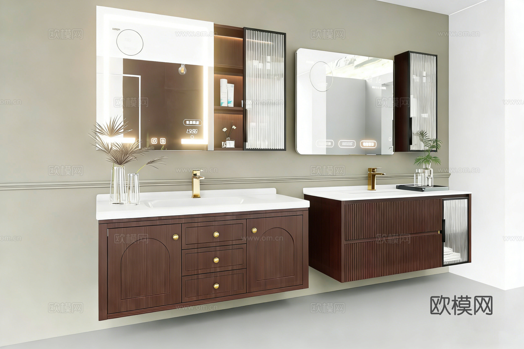 现代简约智能浴室柜 岩板一体盆 LED镜柜su模型