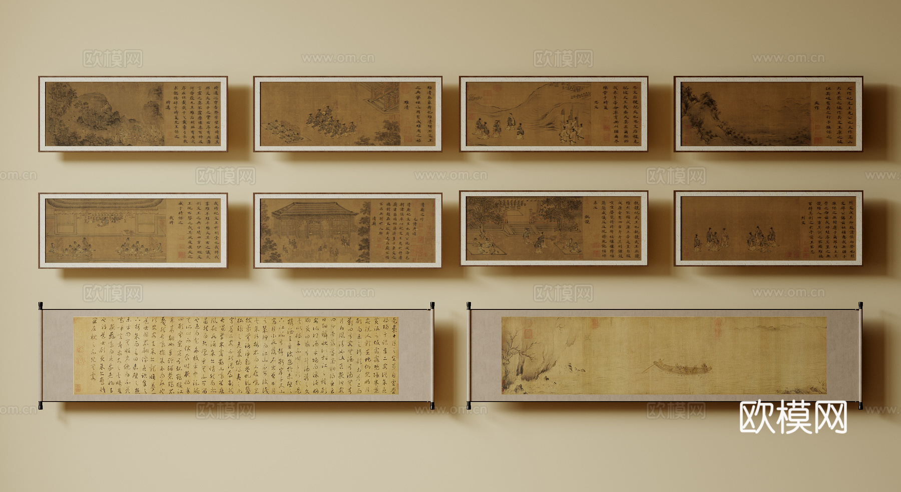 新中式禅意装饰画 宋式挂画 侘寂风挂画 中古风卷轴画 山水字su模型