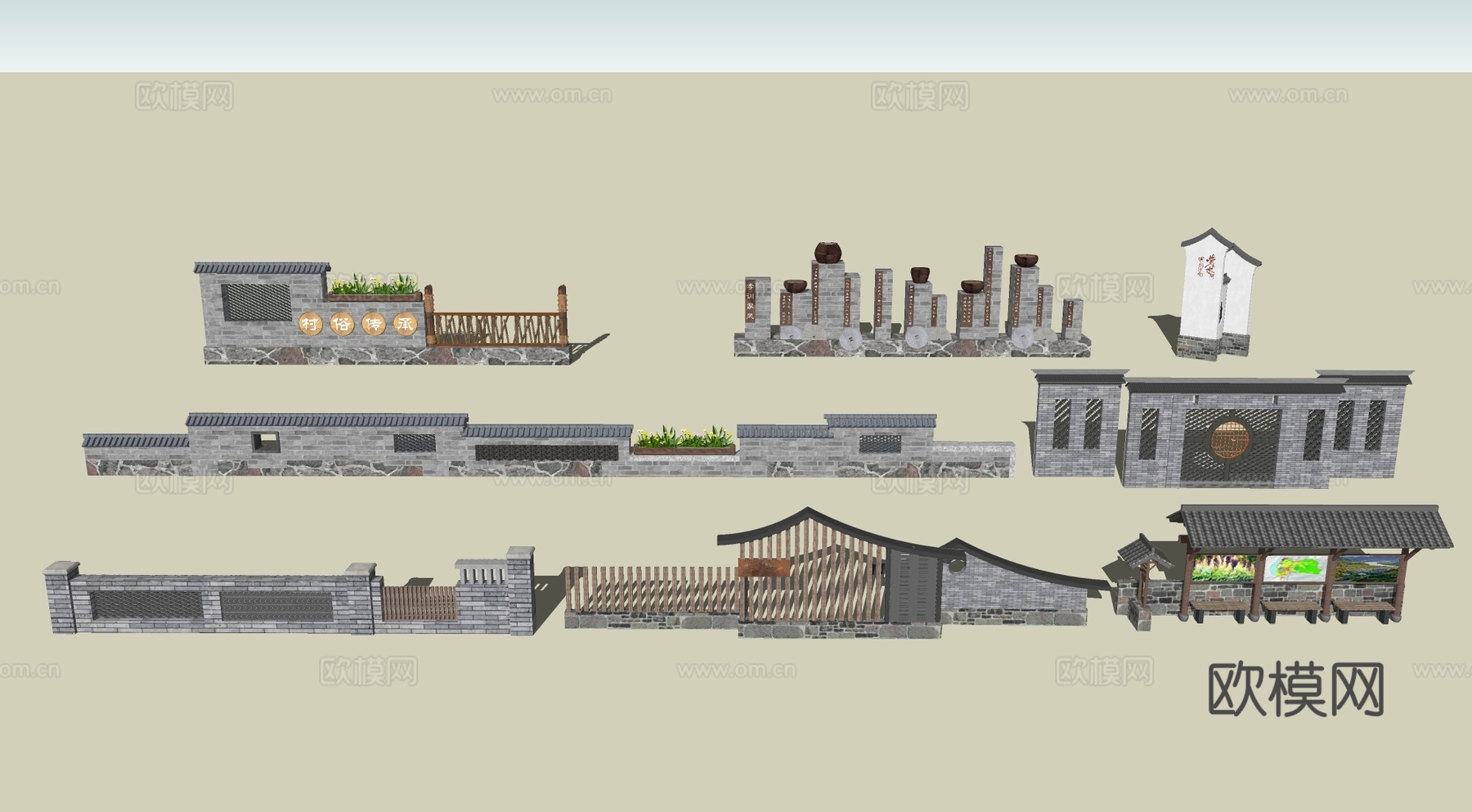 中式风格景墙 民俗文化景墙 乡村文化景墙su模型