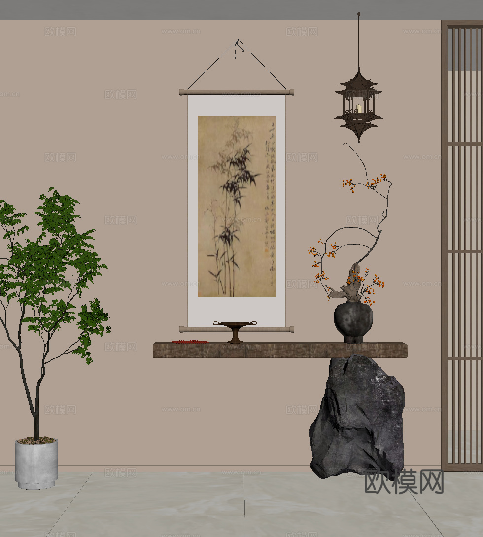 新中式玄关 端景条案 挂画 盆景su模型