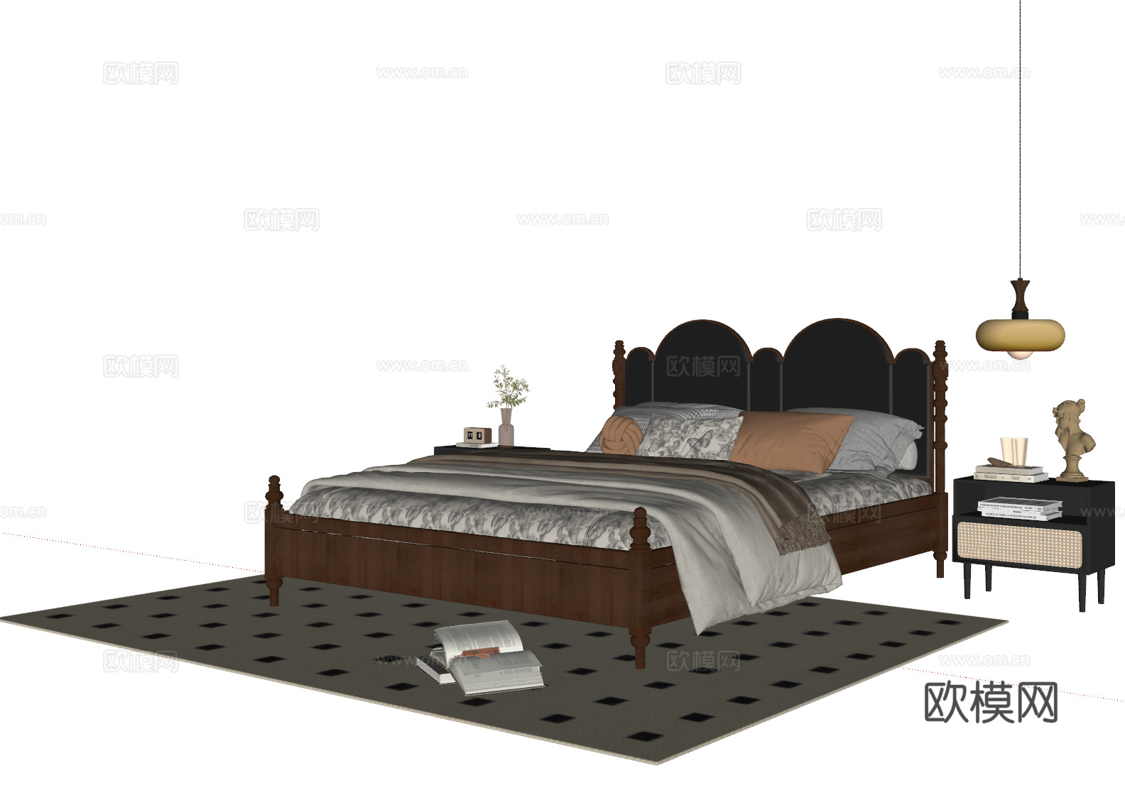 法式中古风双人床 实木双人床 床头柜 吊灯 地毯su模型