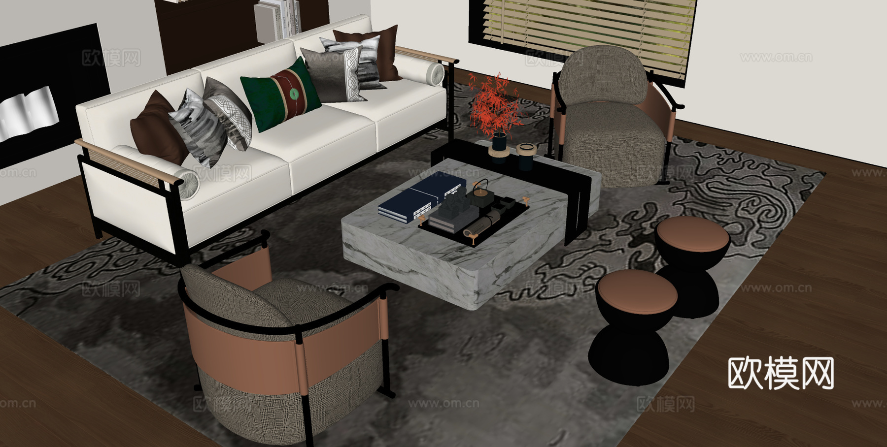 新中式沙发 多人沙发 三人沙发 沙发茶几组合su模型