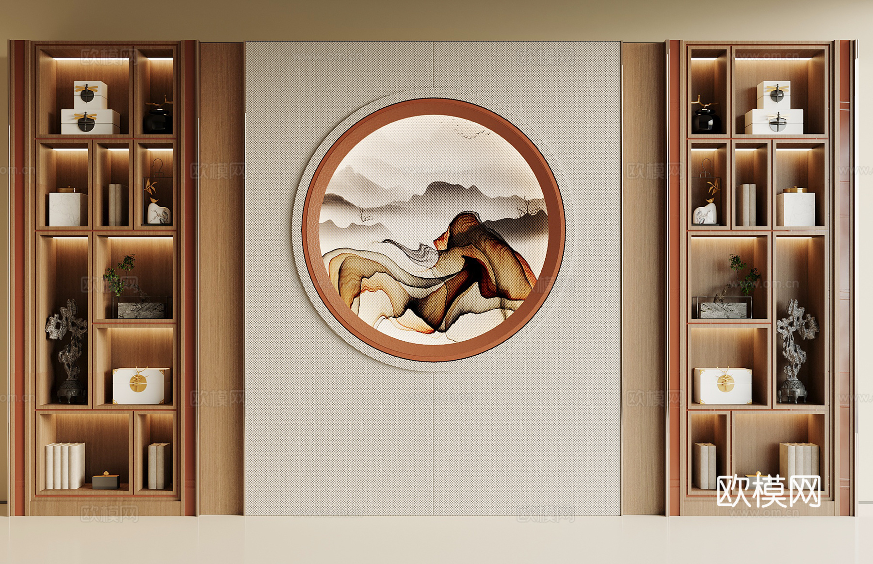 新中式书柜 书柜背景墙 木制书柜 成品书柜3d模型