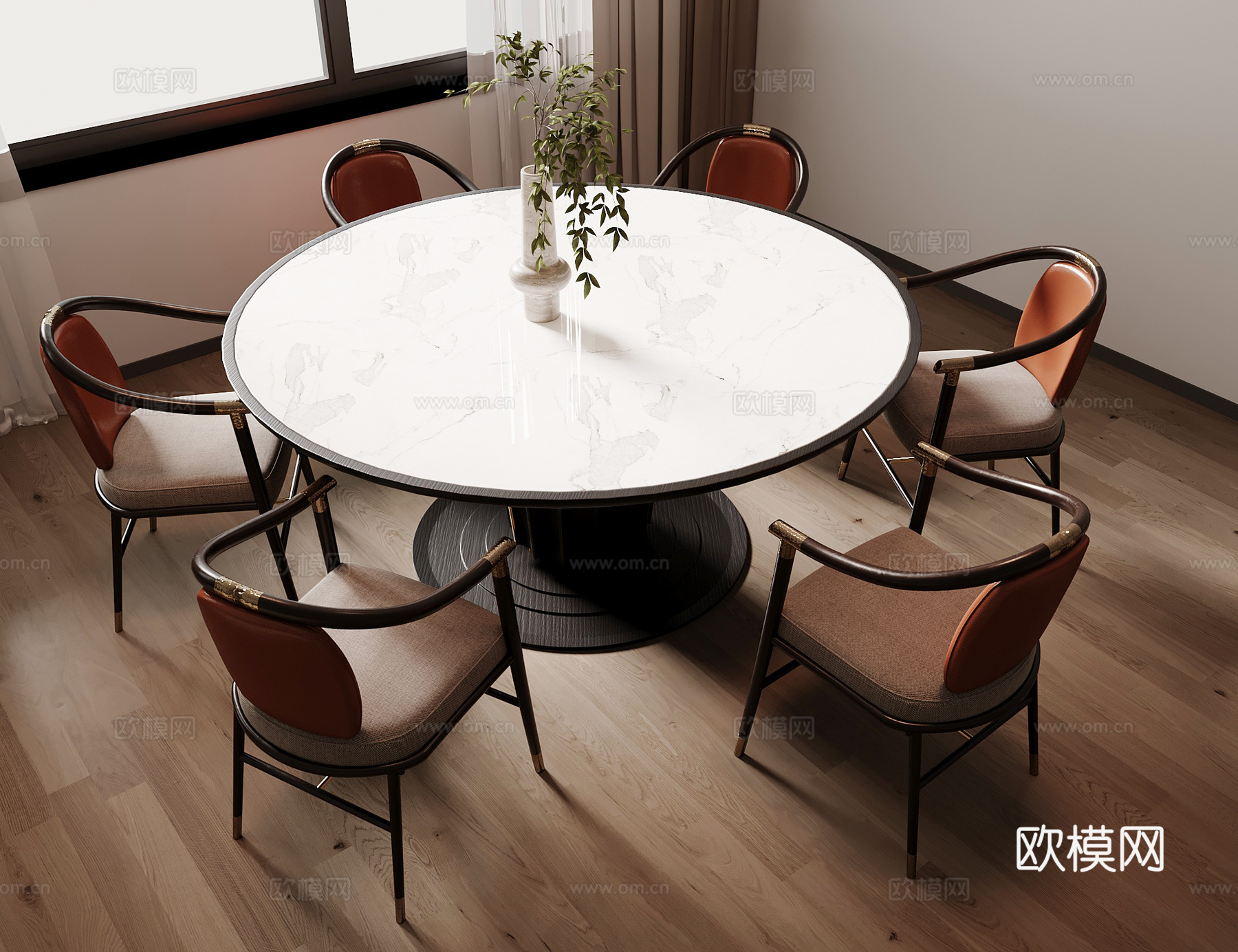 新中式餐桌椅组合 圆形餐桌 木制餐椅su模型