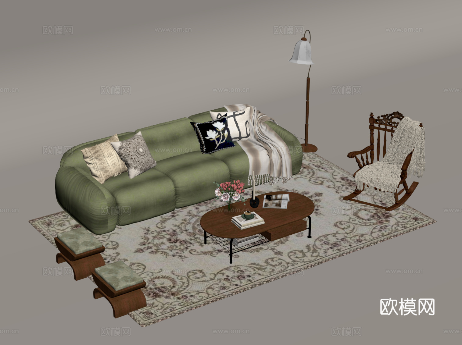 法式复古风沙发茶几组合su模型