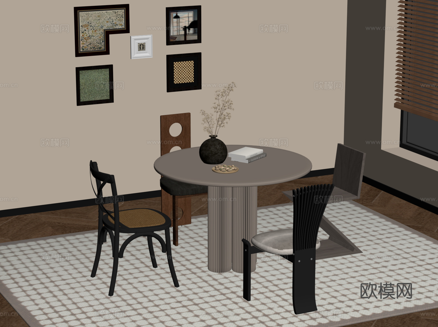 法式复古风餐桌椅 圆形餐桌su模型