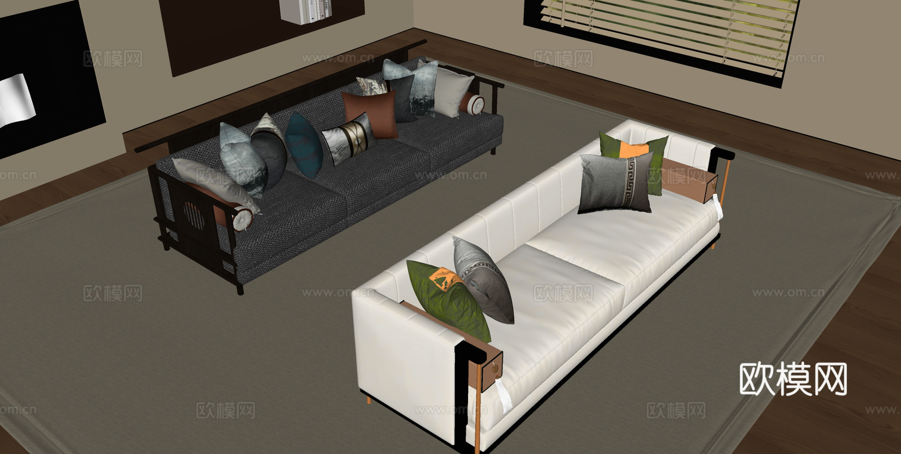新中式多人沙发 三人沙发 直排沙发su模型