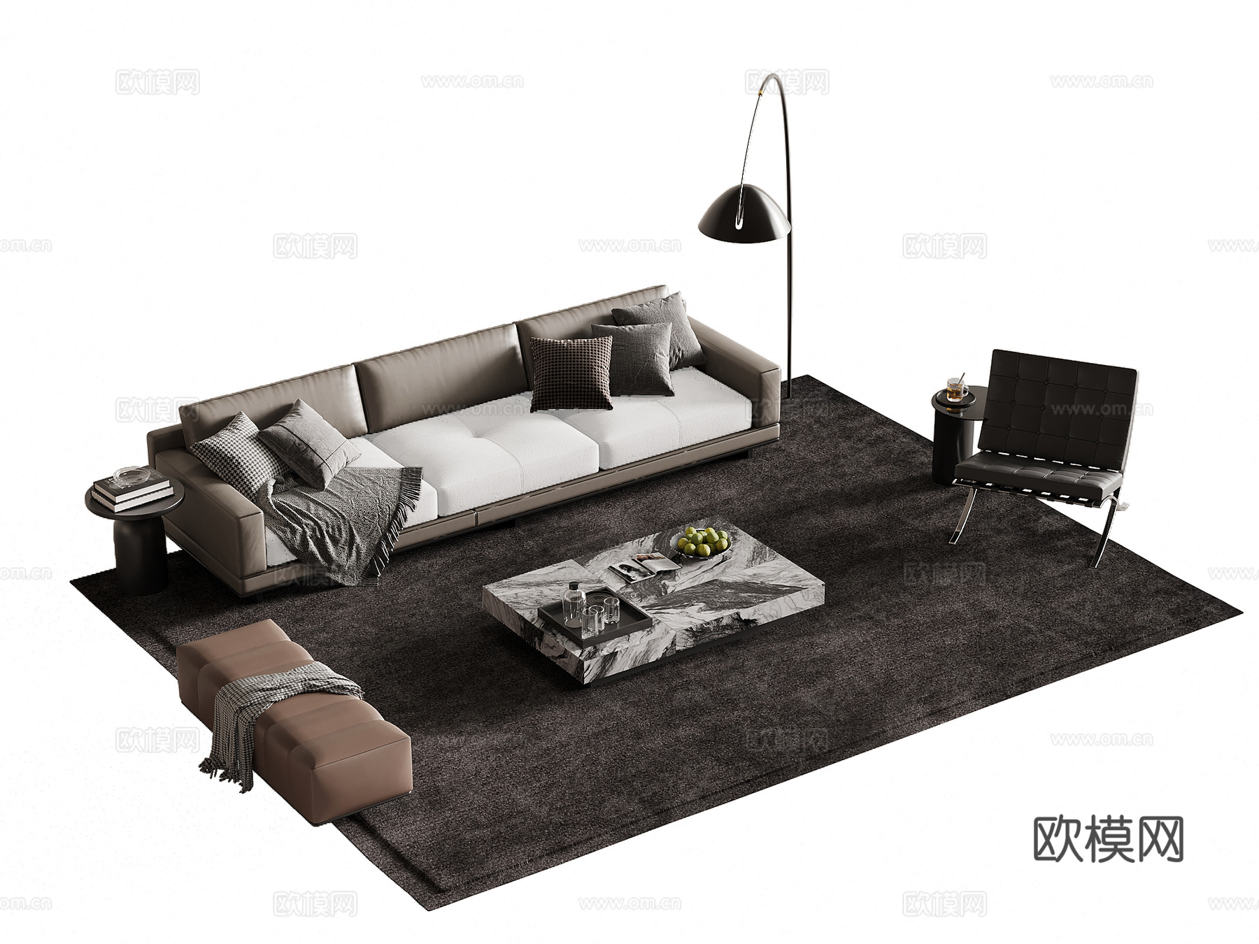 现代意式沙发茶几组合3d模型下载