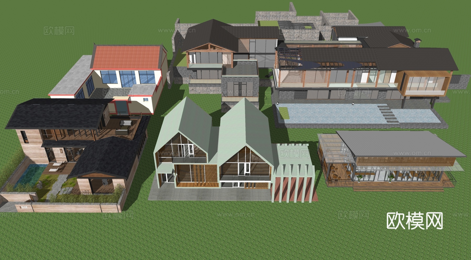 新中式民宿客栈酒店旅游度假村乡村别墅建筑su模型