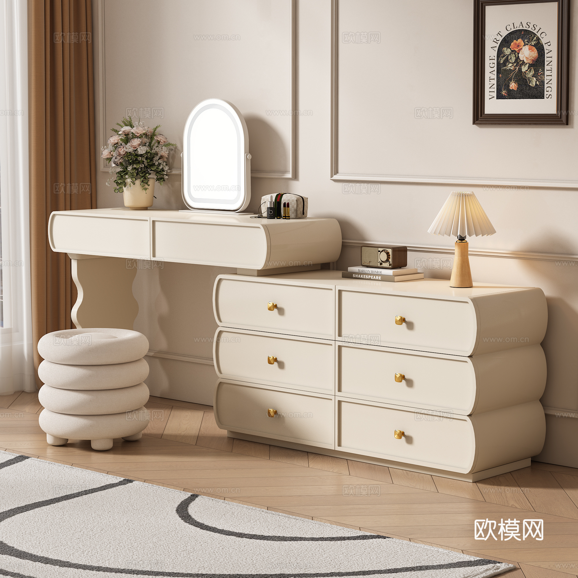 法式奶油风梳妆台 梳妆镜 妆凳 花瓶 化妆品 收音机 台灯su模型