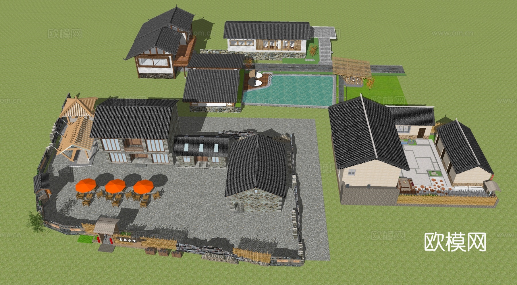 新中式乡村民宿民房建筑su模型su模型