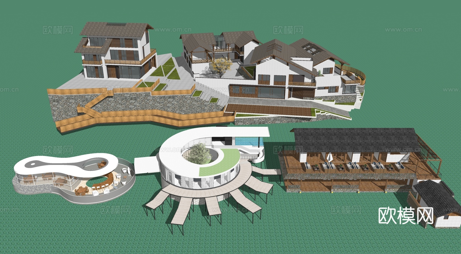 新中式民宿客栈酒店旅游度假村乡村别墅建筑su模型