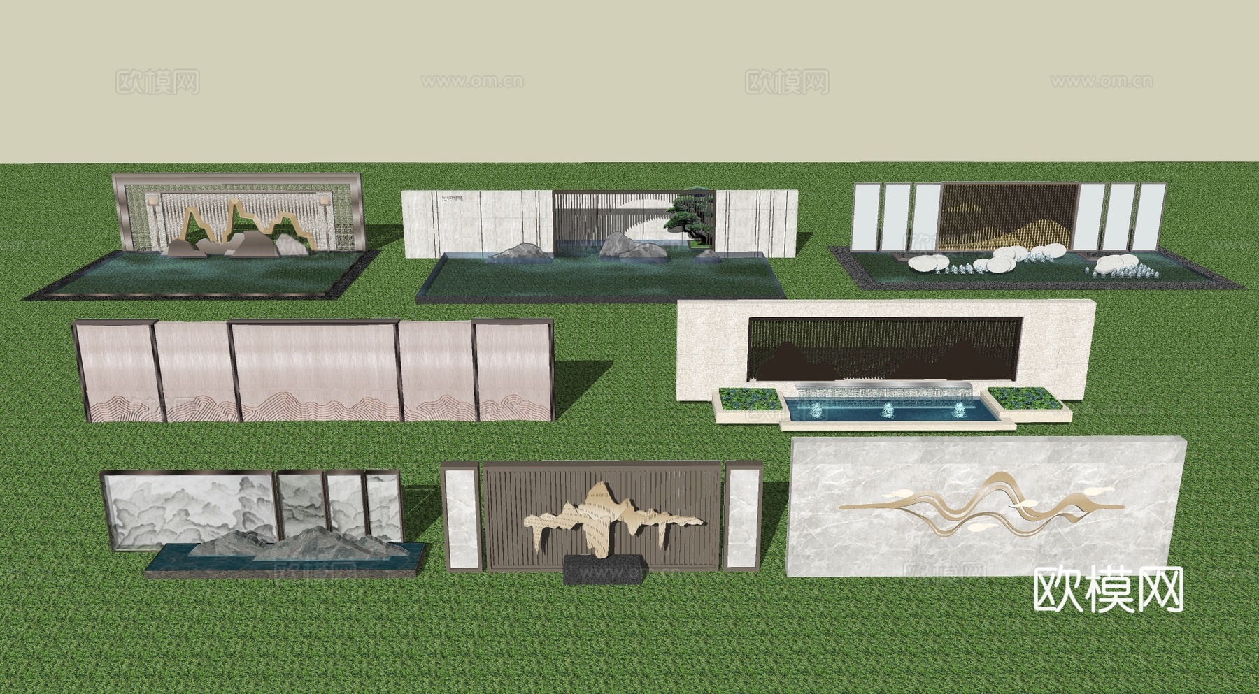 中式跌水景墙 景观小品 庭院小品山水景墙su模型