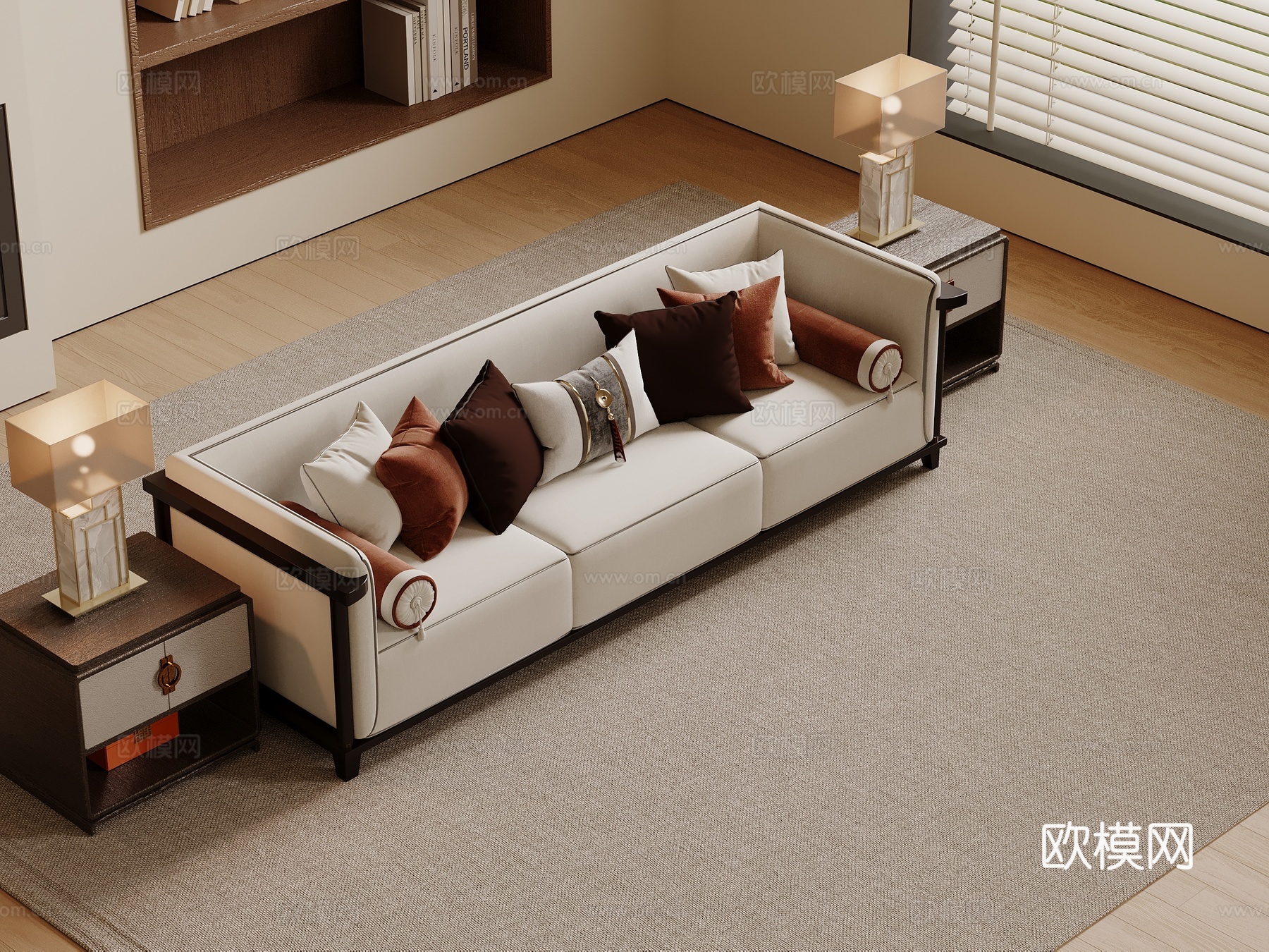 新中式多人沙发 三人沙发 直排沙发su模型